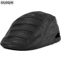 siloqin high quality mens flat cap genuine leather hat personality decoration sheepskin leather berets for men dads hats new