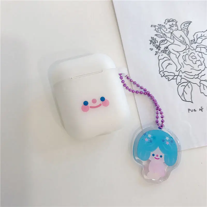 Чехол для наушников с Bluetooth для Airpods, силиконовые милые аксессуары для airpods 2, Защитная крышка с брелком, мультяшный смайлик - Цвет: Светло-голубой
