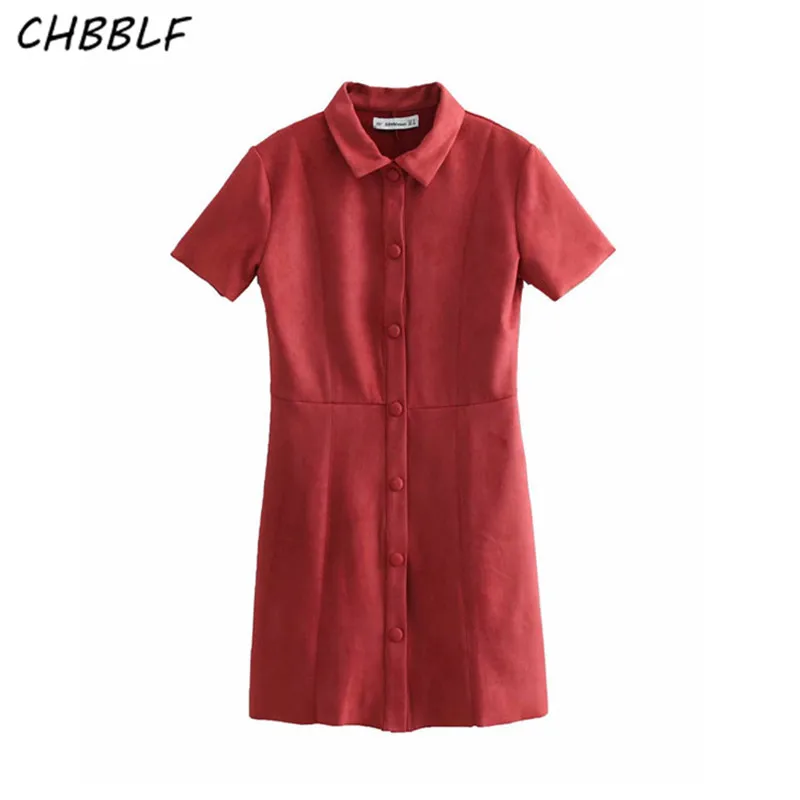CHBBLF women suede mini dress short sleeve buttons vintage female casual dresses solid A line vestidos BGB9038 | Женская одежда