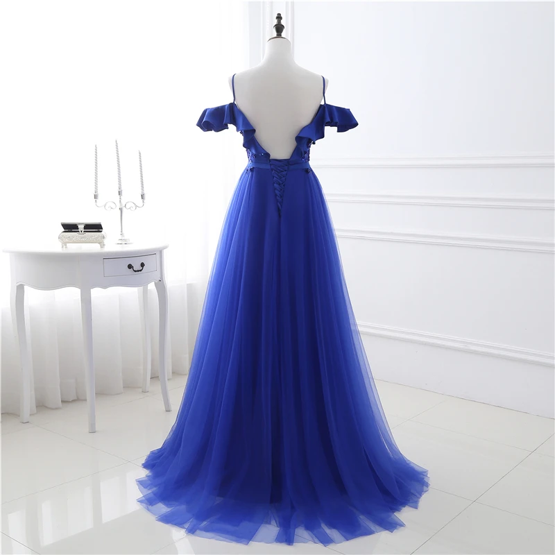 Vestido De Noche милое с открытой спиной ТРАПЕЦИЕВИДНОЕ синее фатиновое элегантное