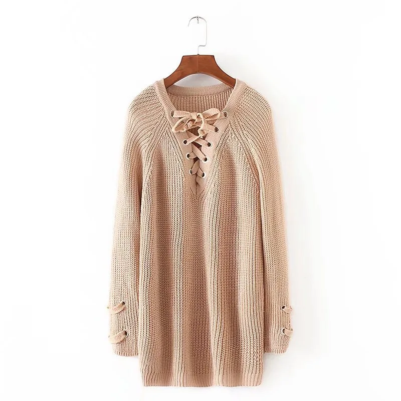 V Neck Korean Style Women Sweater Lace Up Knitted Pullover Long Sleeve Loose Winter Jumper | Женская одежда