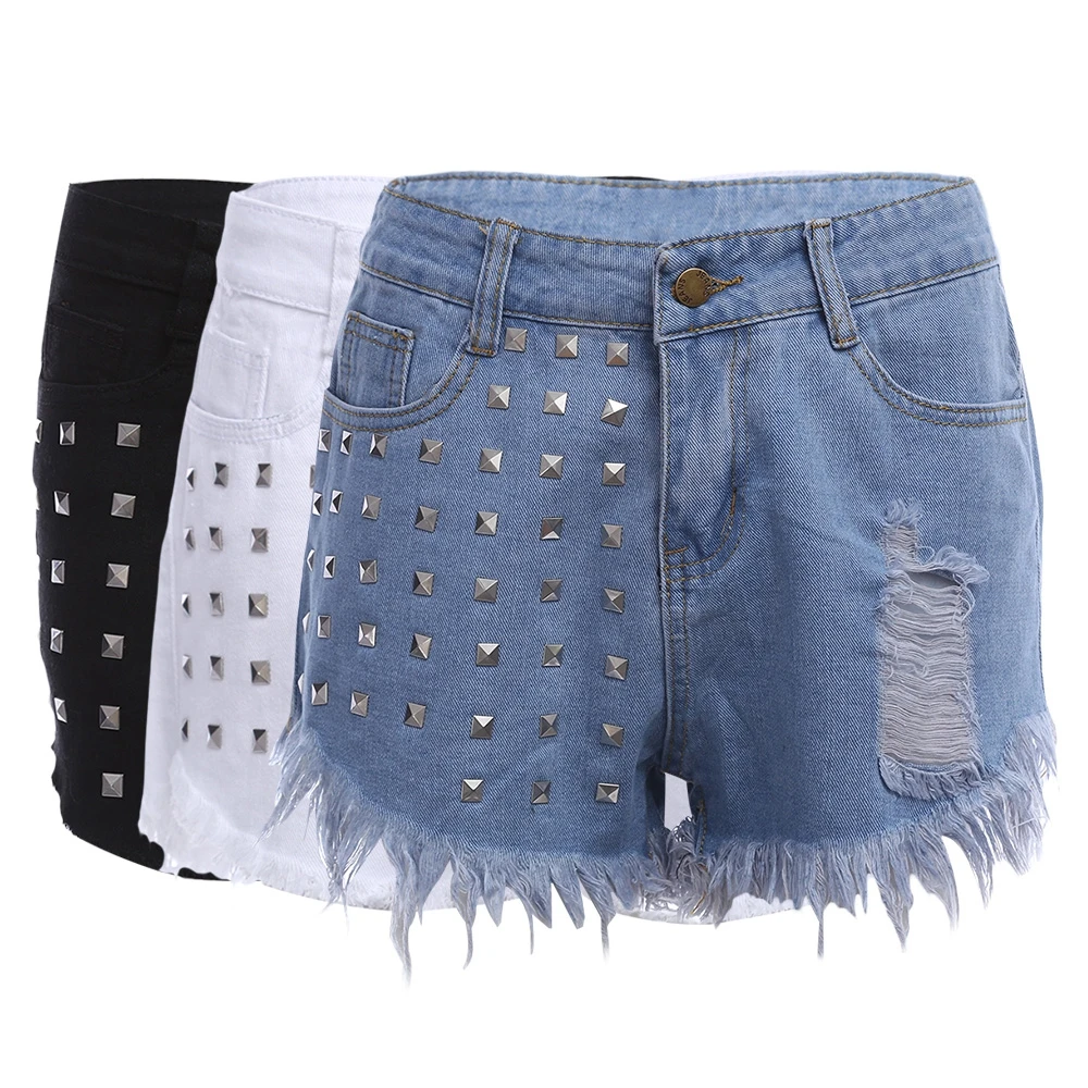 charMma 2017 Vintage Rivet Denim Shorts Women Summer Short Jeans Ripped Frayed Hem Zipper Bottoms Sexy Pockets Hot |