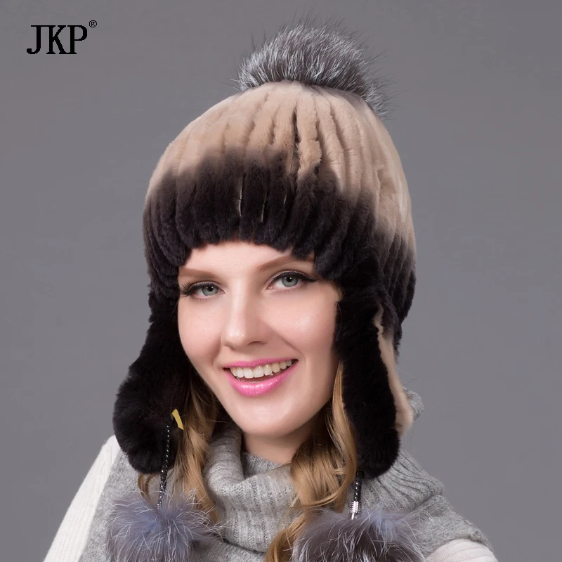 

2020 winter beanies fur hat for women knitted rex rabbit fur hat with silver fox fur top free size casual women's hat