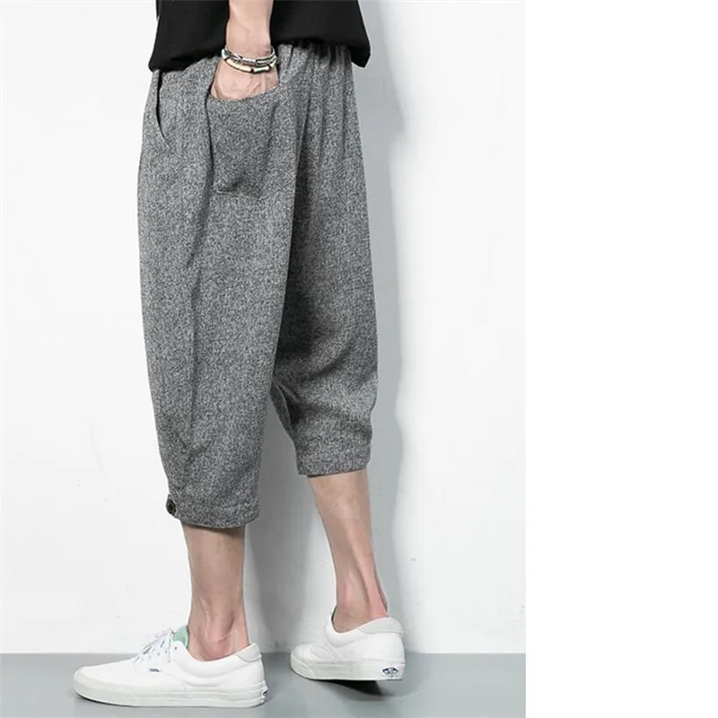 

Baggy Zipper Harem Pants Men Cotton Linen Summer Jogger Calf-Length Pants Loose Packets Casual Fashion Men Trouser A3198