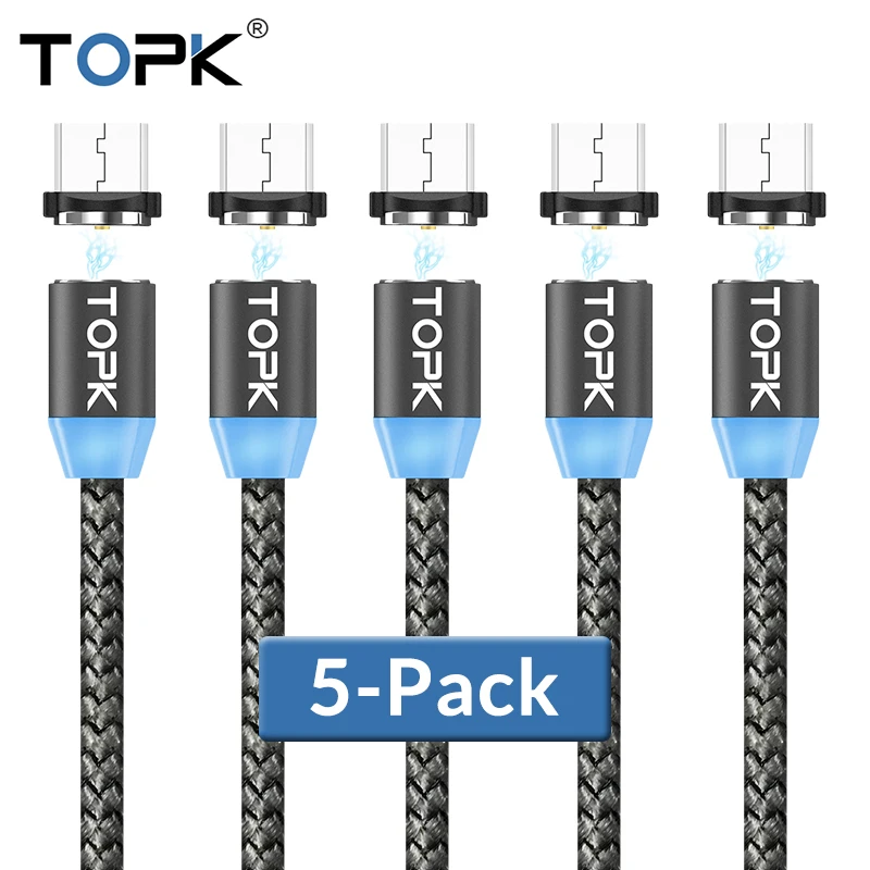 TOPK [5 шт. в упаковке] Магнитный светодиодный Micro-кабель нейлоновой оплетке