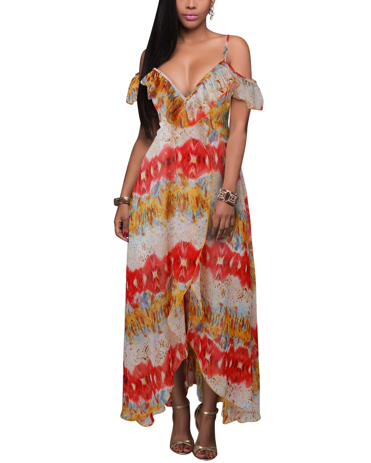 

Summer Irreglar Women Boho Ruffles Strap Print Dresses Chiffon Sleeveless Party Ladies Casual V neck Beach Dress Sundress