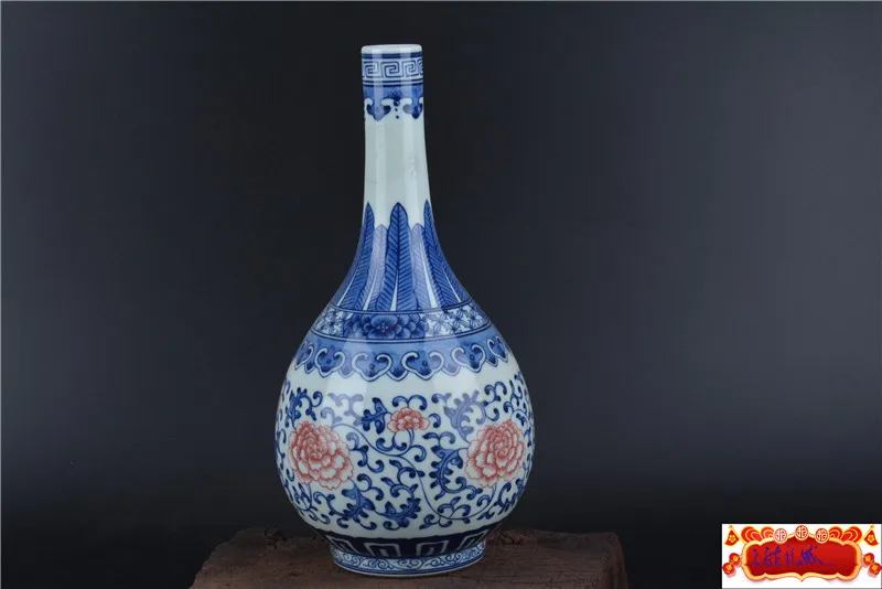 

Фарфоровая ваза в античном стиле QingDynasty, красная, белая и синяя глазурь, пион, ручная роспись, коллекция и украшение, бесплатная доставка