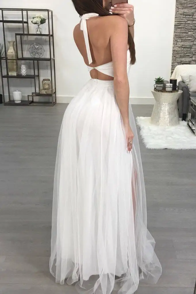 Boho женское длинное платье на бретелях 2018 открытая спина белая сетка без рукавов