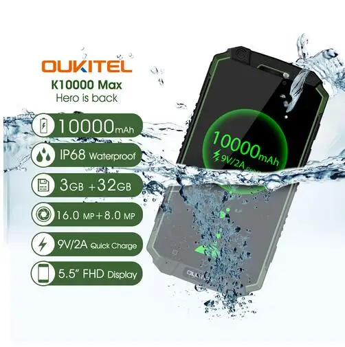 24 часа) Oukitel K10000 Max 10000mAh 4G LTE IP68 Водонепроницаемый 3GB 32GB 5," Android 7,0 Восьмиядерный внешний смартфон