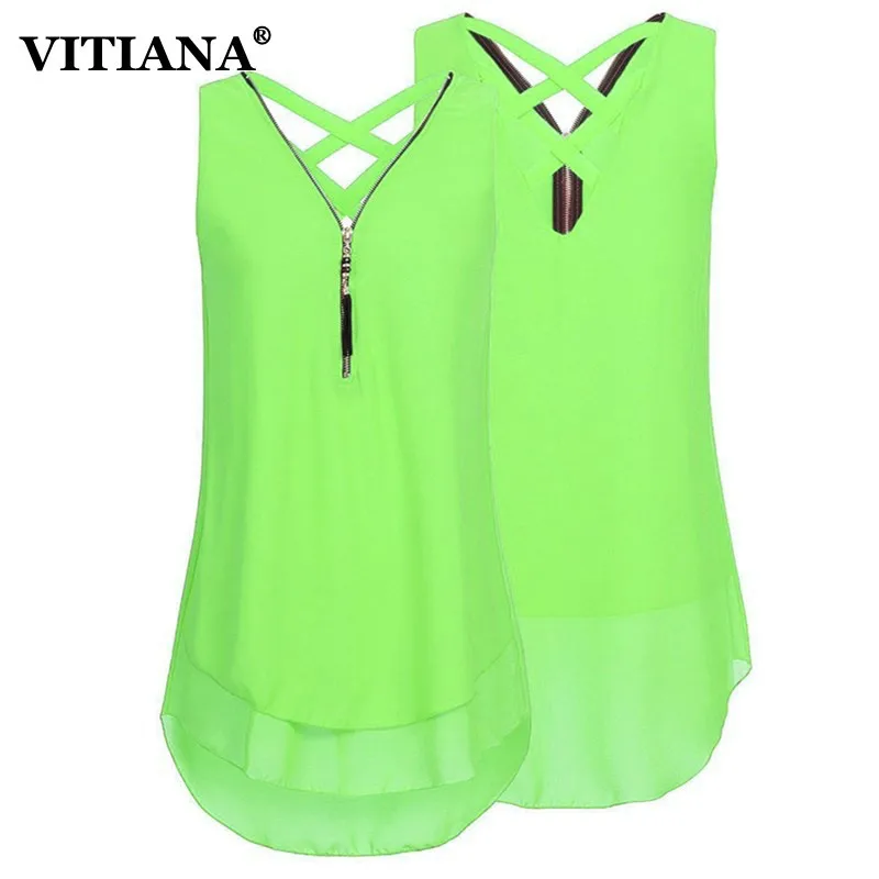 VITIANA Plus Size 5XL Women Casual Shirt 2018 Sleeveless V Neck Zipper Summer Chiffon Blouse Female Elegant Tank Tops|Блузки| |