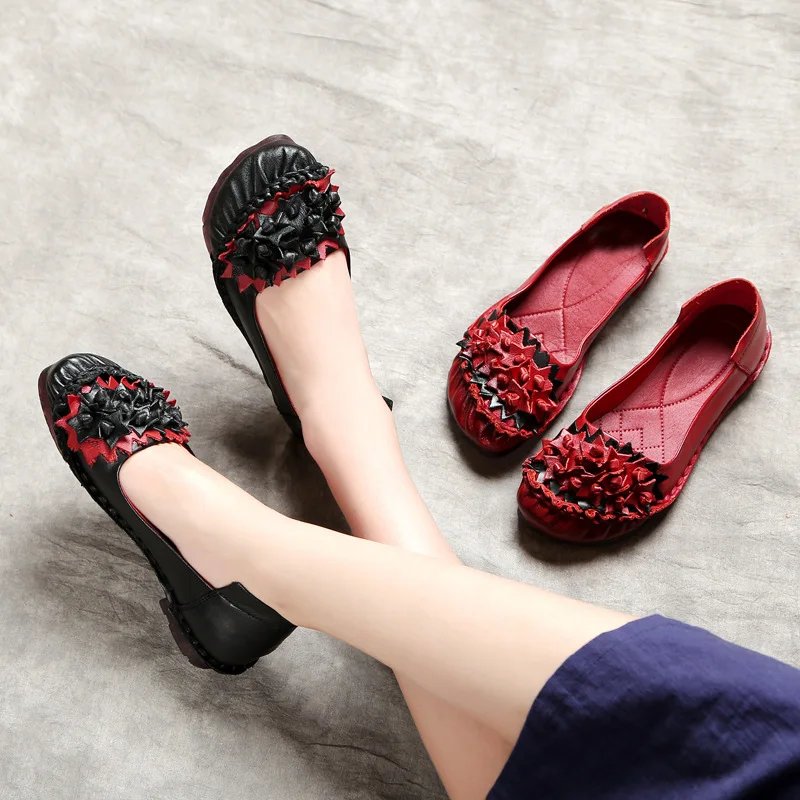 

2020 Spring New Flower Cowhide Leather Shoes Comfortable Soft Women Flat Shoes Shallow Mouth Non-slip Fashion Shoes Woman Flats