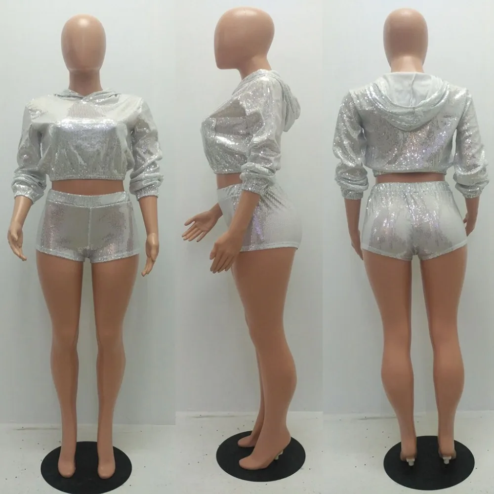 

Hoodie Top With Shorts Bling Bling Sequin Women Shorts Suits Two Piece Set