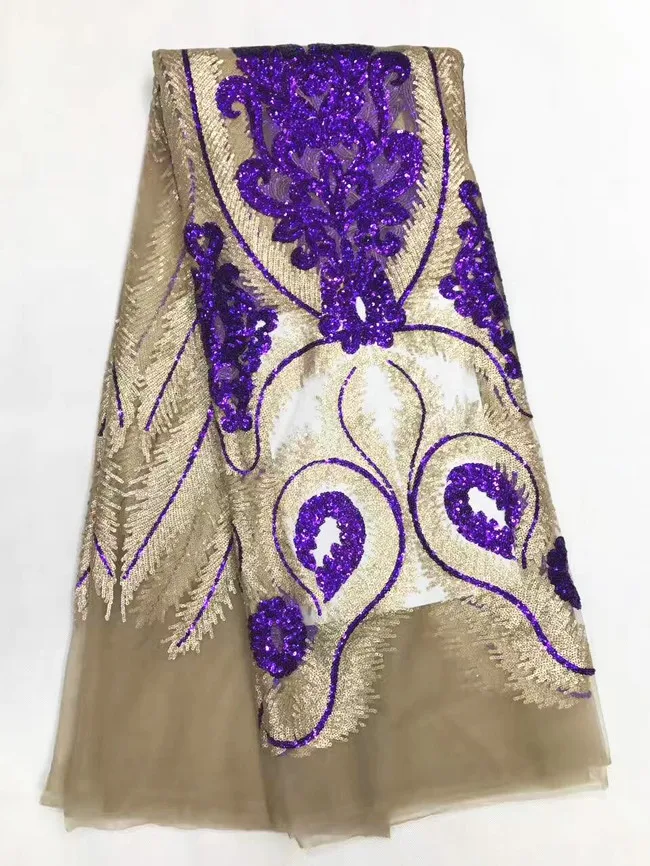 5 Y/pc New fashion brown french net lace fabric with royal blue and gold sequins decoration african mesh for clothes LJ23-7 | Дом и сад