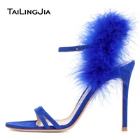 women open toe high heel gorgeous sandal blue fur strappy heels sexy black evening dress shoes ladies summer party shoes 2018