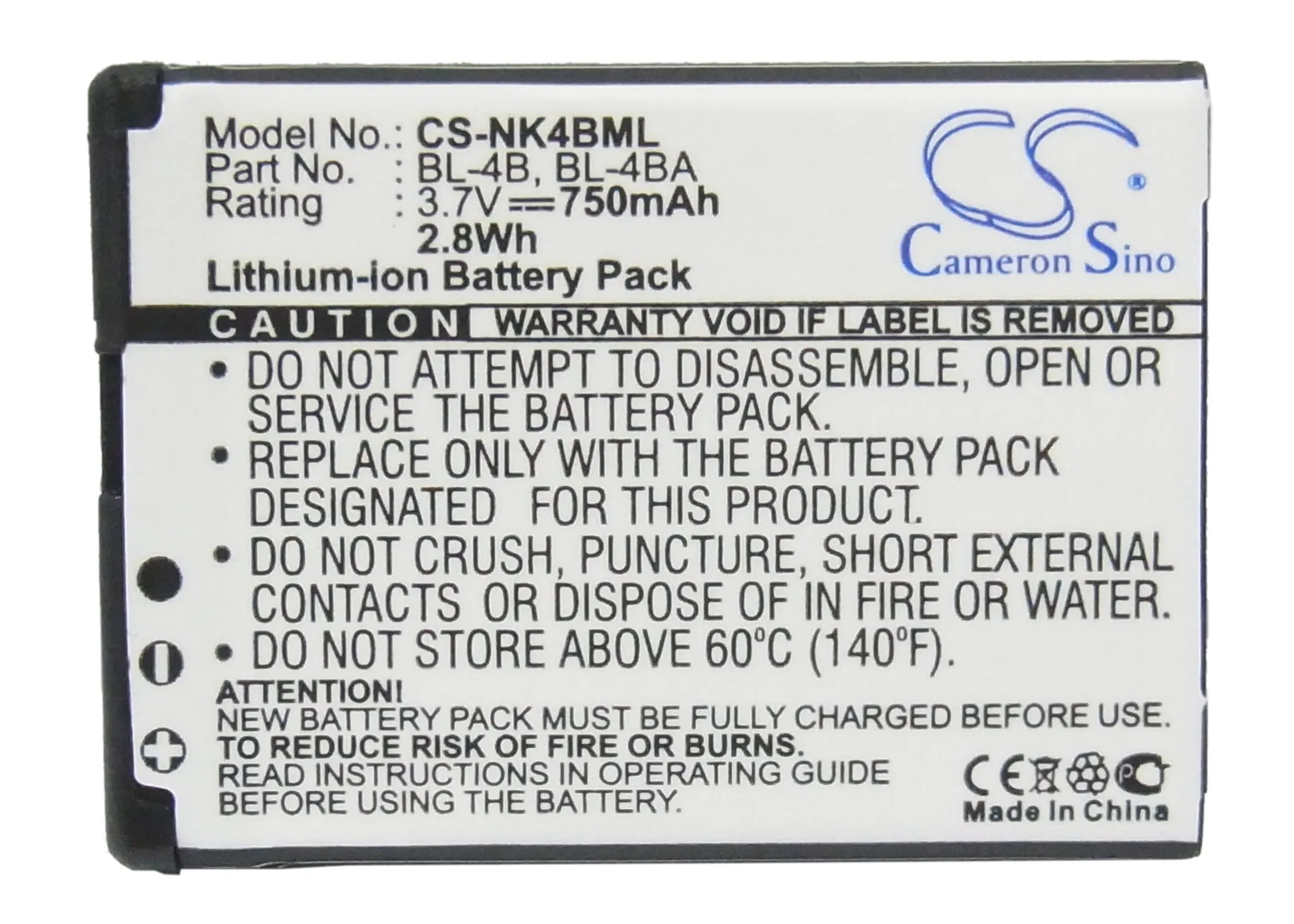 Аккумулятор Cameron Sino 750 мАч для Nokia 1606 2505 2630 2660 2760 3606 5000 6111 6125 6131 7088 7360 7370 7373 7500 N76 |cameron