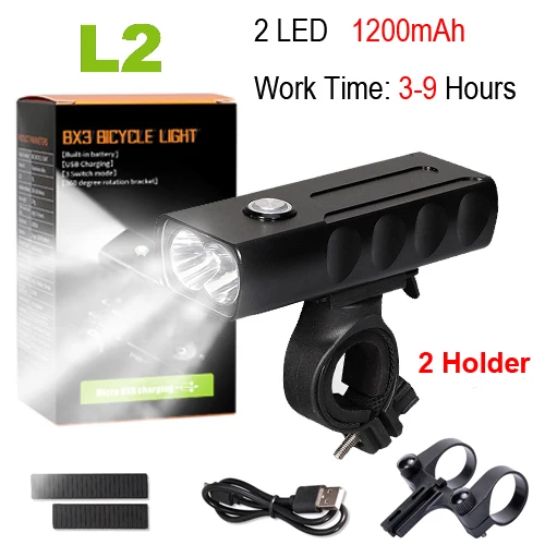 L2 3 hours 2 holder Велосипедный светильник NEWBOLER, 5200 мА/ч, комплект, T6 L2, вспышка, светильник для велосипеда, 2400 люмен, светодиодный фонарь, USB, головной светильник, кронштейн, велосипедная лампа Fornt - Цвет: L2 3 hours 2 holder