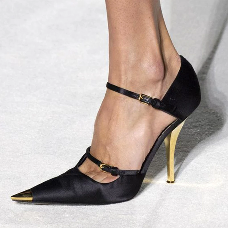 Женские атласные туфли мэри джейн вечерние с острым носком золотистого цвета на