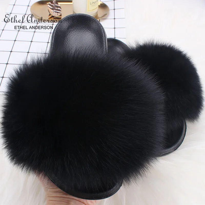 Black Fox Fur Ethel Anderson/; шлепанцы с натуральным лисьим мехом; летние пляжные пушистые шлепанцы; Коллекция года; Вьетнамки с натуральным мехом енота; сандалии; обувь; - Цвет: Black Fox Fur