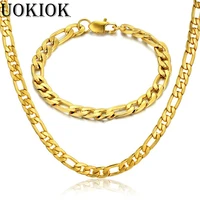 7mm mens boys figaro link bracelet chain set gold color stainless steel hip hop necklace chain jewelry sets dropshipping
