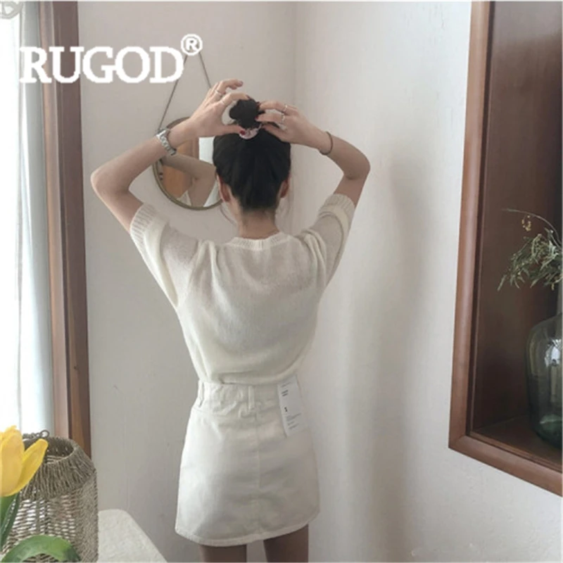 Женский Однотонный свитер RUGOD пуловер с круглым вырезом и коротким рукавом