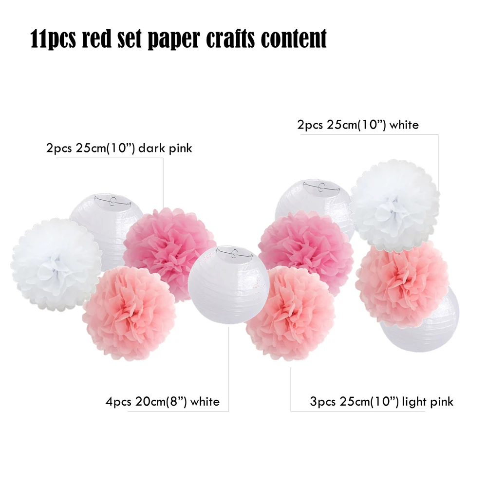 pink set Вечерние 11 шт./компл. белые Висячие круглые бумажные фонари Pom для рождества/крещения/Mi Primera Comunion украшения бумажные ремесла - Цвет: pink set