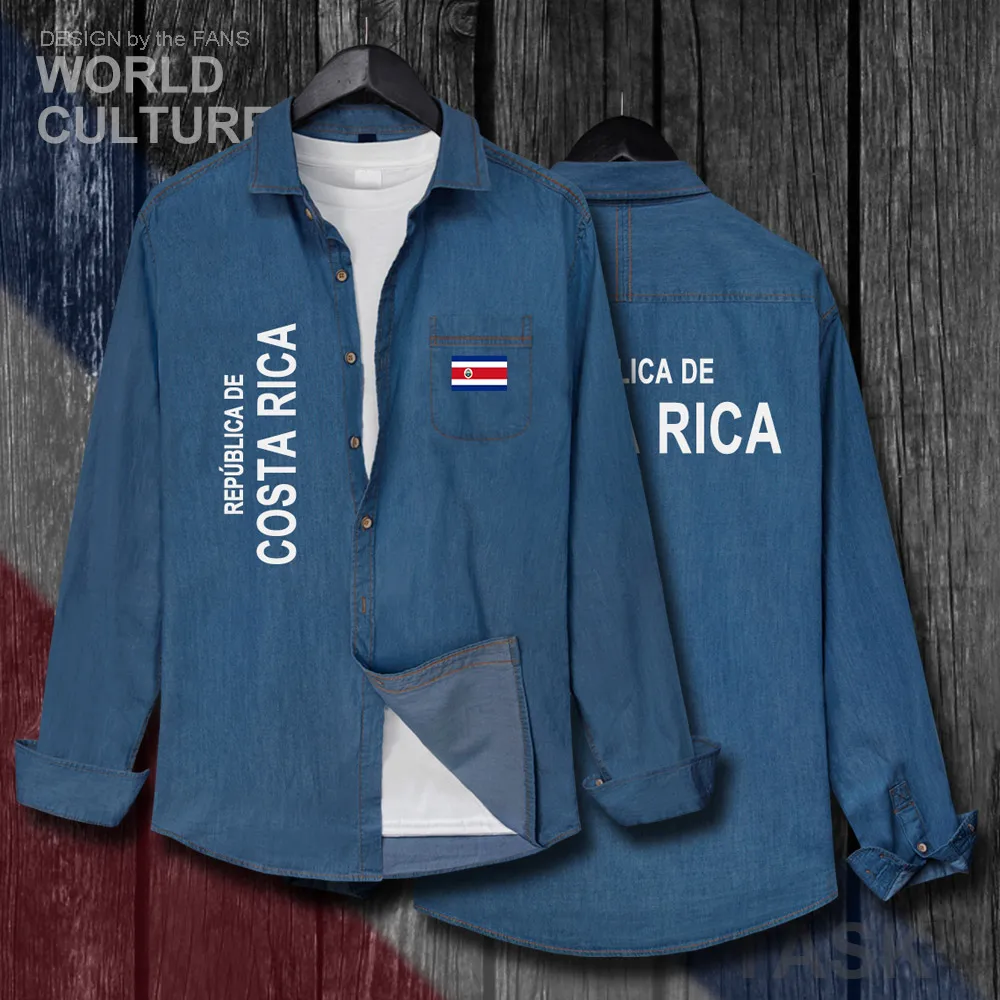 

Costa Rica CRI Costa Rican Tico Men Flags Clothes Autumn Cotton Long Sleeve Cowboy Coat Fashion Turn-down Collar Jeans Shirt Top