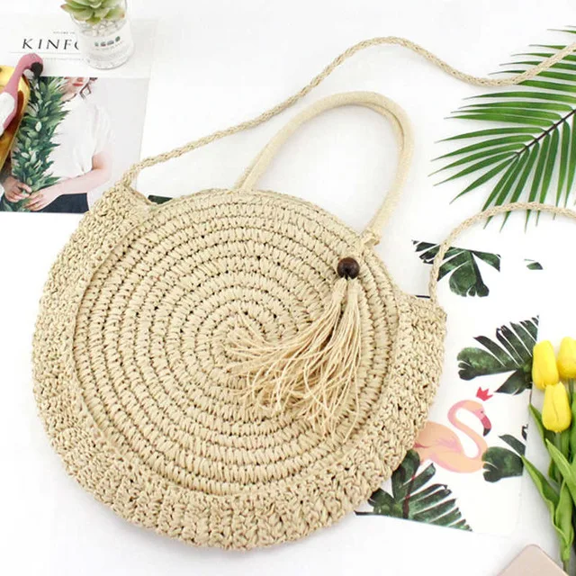 Fashion-Round Fringed Straw Bag Shoulder Versatile Casual Handbags Paper Rope Woven Beach | Багаж и сумки