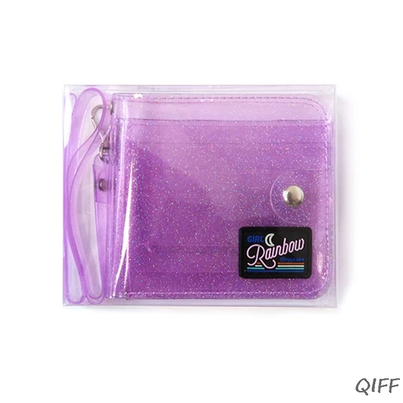 PL Transparent ID Card Holder PVC Folding Short Wallet Fashion Women Girl Glitter Business Cards Case Purse with Lanyard Sum - Цвет: PL