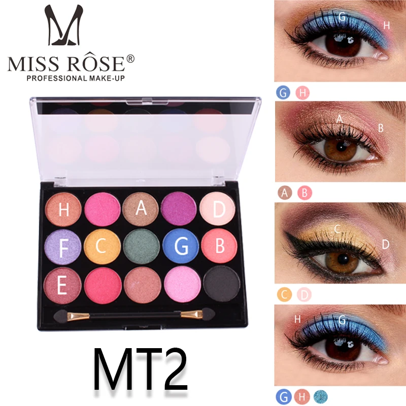 Матовые тени для век Miss rose 15 цветов ярко розовые красные персиковые синие
