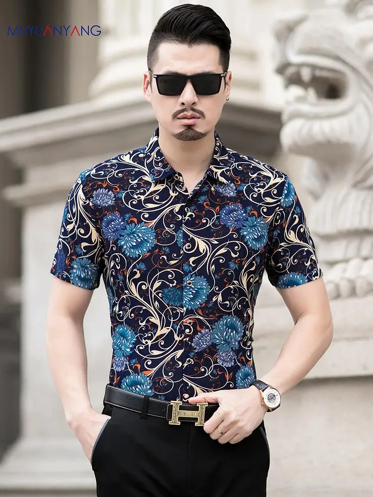 2020 летняя модная мужская рубашка приталенная с коротким рукавом цветочным