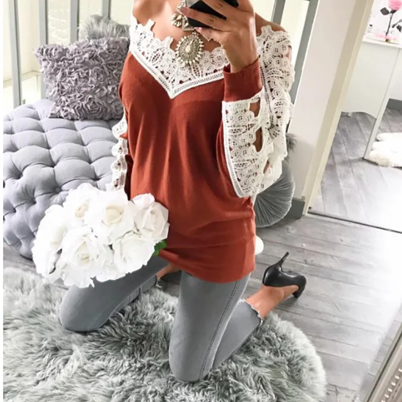 Lace Patchwork New Autumn Winter Knitted Sweater Women Full Sleeve Loose Gray Pullover Female Soft Casual Jumper Knitwear | Женская