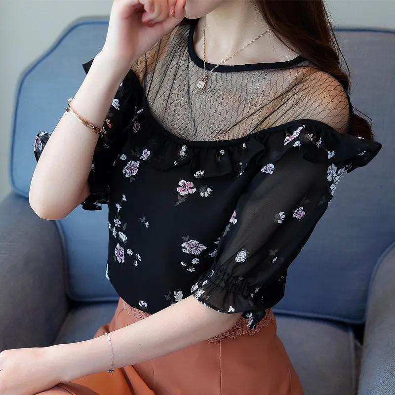 Для женщин Блузка шифон Цветочные Blusas Feminina короткий рукав топы с открытыми
