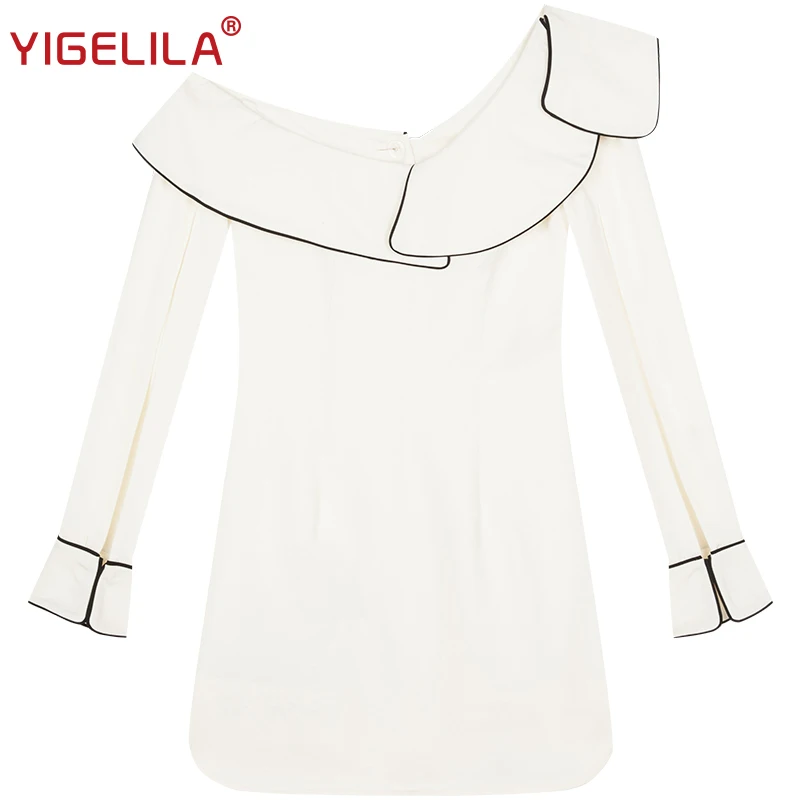 YIGELILA 2019 Весна для женщин Белый одно плечо платье модные элегантные длинный рукав