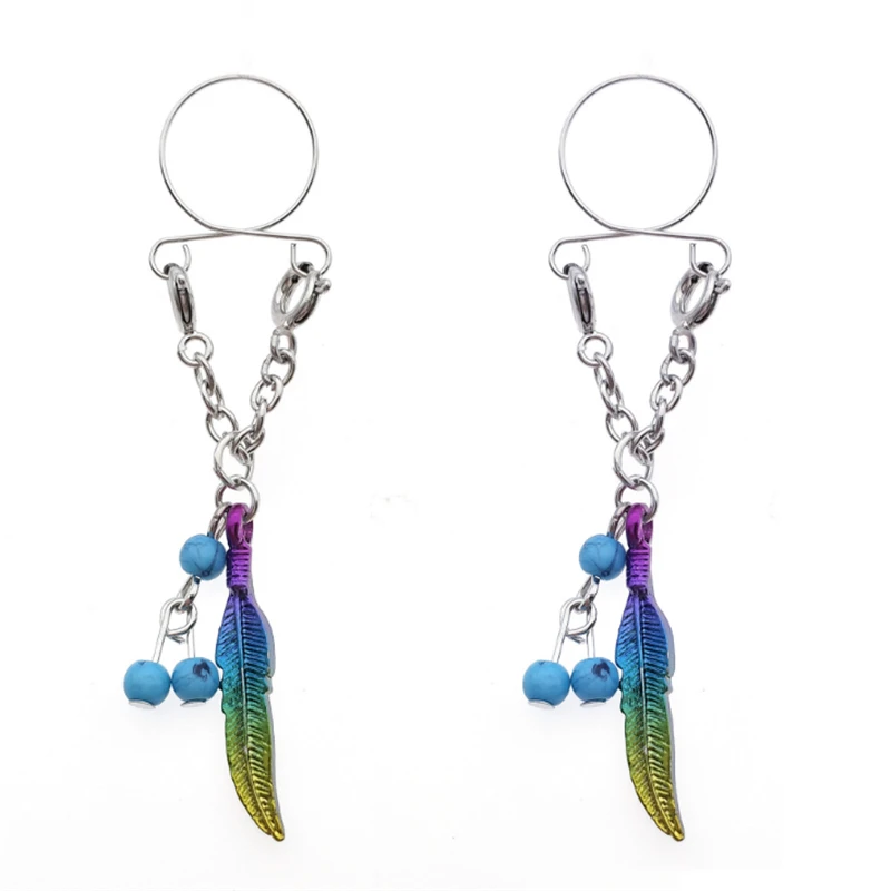 2pcs fashion blue beads dangle nipple rings stainless steel non piercing fake ring adjustable women sexy body jewelry | Украшения и