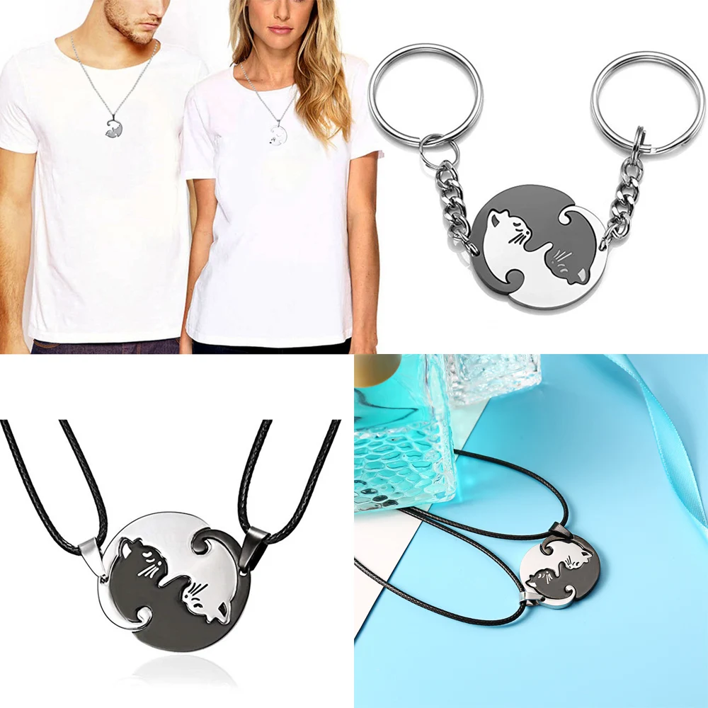 Stainless Steel Cute Black &amp White Yin Yang Pet Cat Pendant Puzzle Necklace Chain Couple Valentine's Gifts Charm Jewelry Fashion |