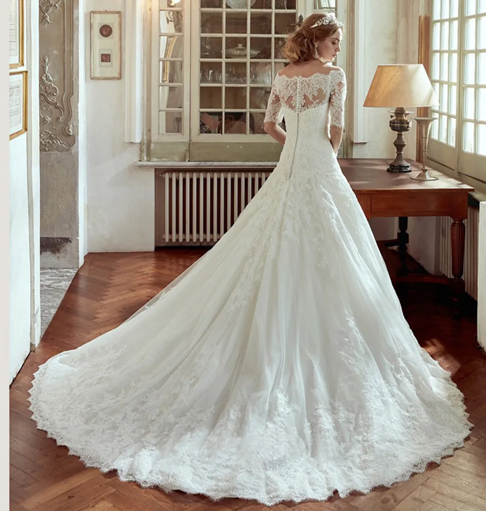 Vestido Де Casamento Кружева Свадебные Платья С Половину Рукава 2017 Бальное платье Белый