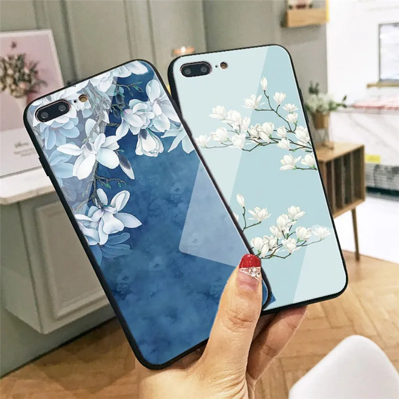 Градиентный чехол для телефона из закаленного стекла с цветком iphone 6 6s Plus 7 8 X XS XR