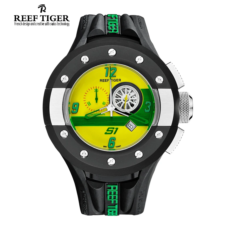 Reef Tiger/РТ мужские спортивные часы с хронографом приборной панели циферблат часы с кварцевым механизмом с датой Стоп Часы Зеленый Желтый RGA3027