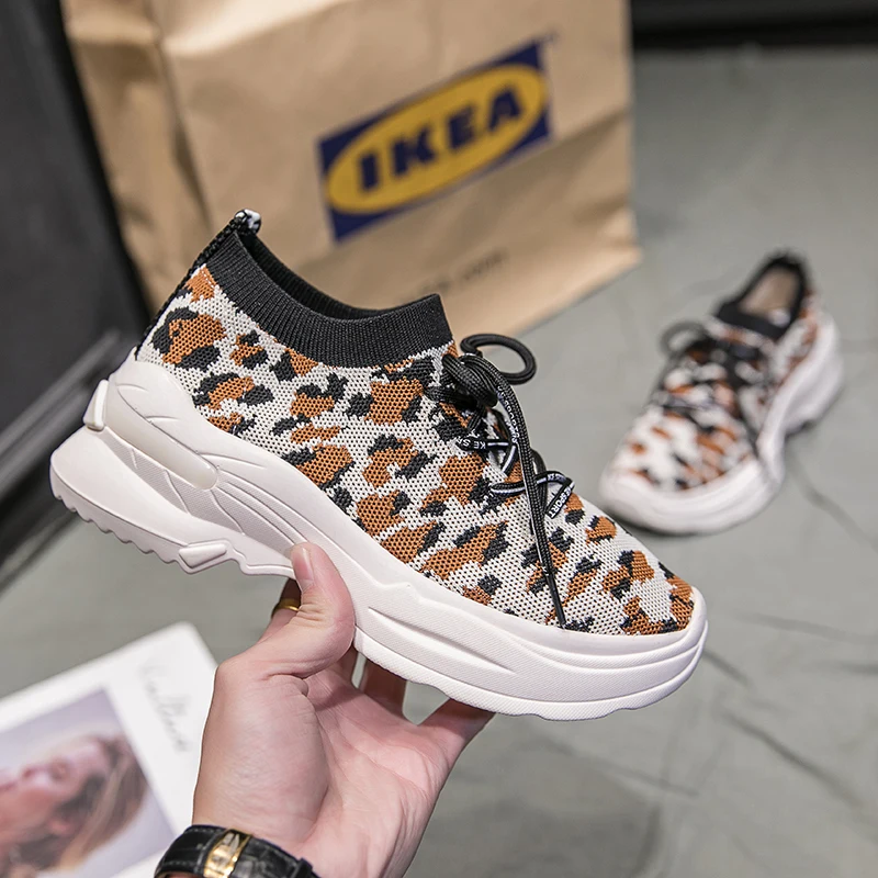 Женские кроссовки на платформе Fujin леопардовые толстой подошве весна 2020|Женские