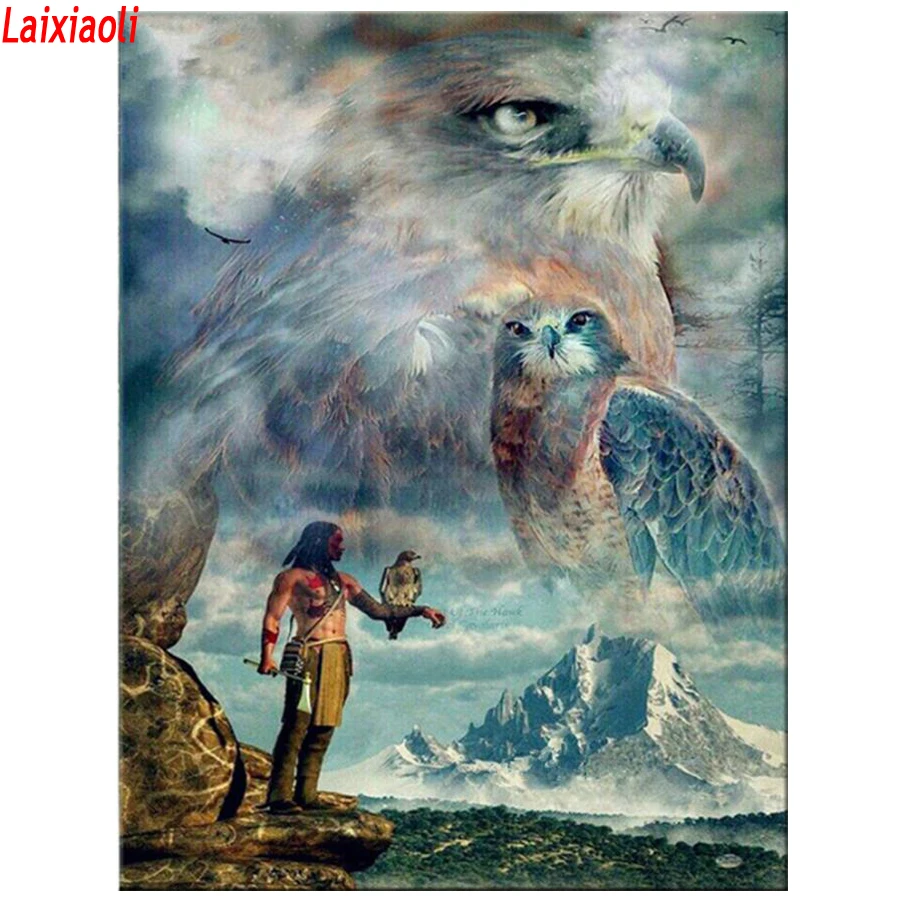 Алмазная живопись "Американские коренные жители Индейцы и летящий орел" DIY вышивка крестом 5D мозаика домашнего декора.