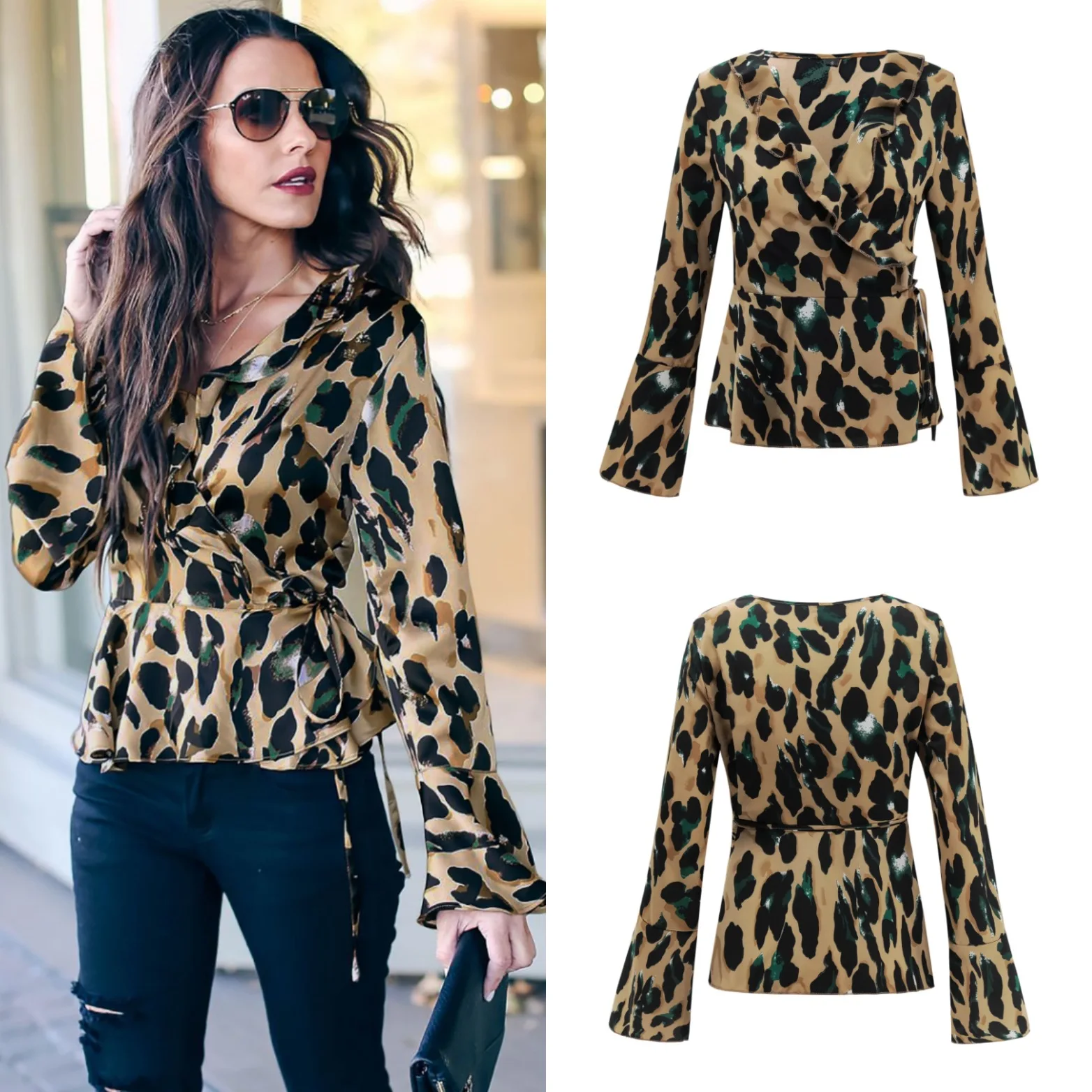 

Leopard Woman Tops Long Flare Sleeve V-neck Female Blouse Spring Autumn Bottoming Casual Woman Shirts