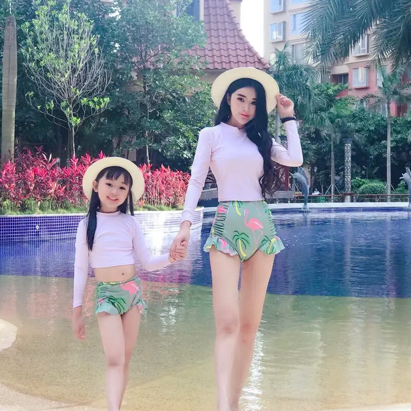 Bikini 2019 Parent-child Two Piece Suit Long Sleeve Swimwear Women Sunscreen Patchwork Ruffle Beachwear Female Swimsuit S92812X | Спорт и