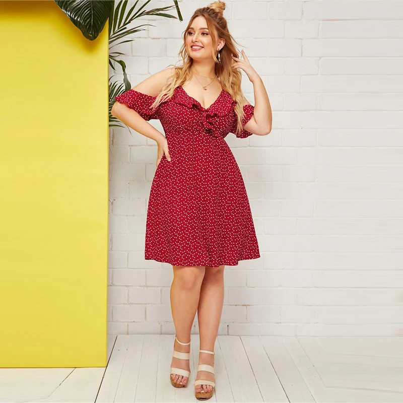 SHEIN, платье трапециевидной формы размера плюс с оборками и открытыми плечами, с принтом в виде конфетти и сердца,, женские летние платья с высокой талией в стиле бохо