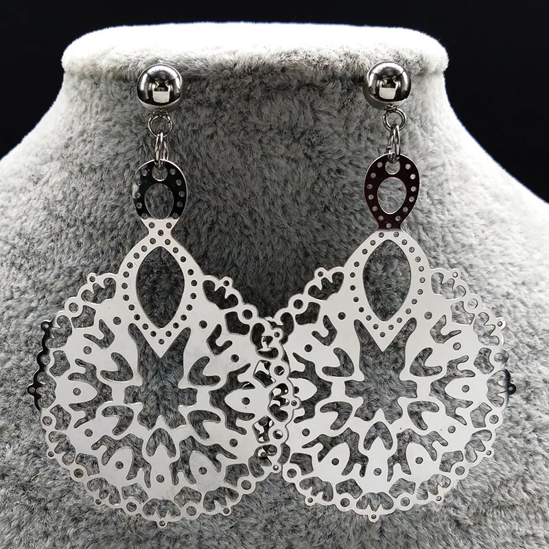 2021 New Flower Stainless Steel Earrings for Women Silver Color Big Stud Jewelry boucle d'oreille fantaisie E1633S02 | Украшения и