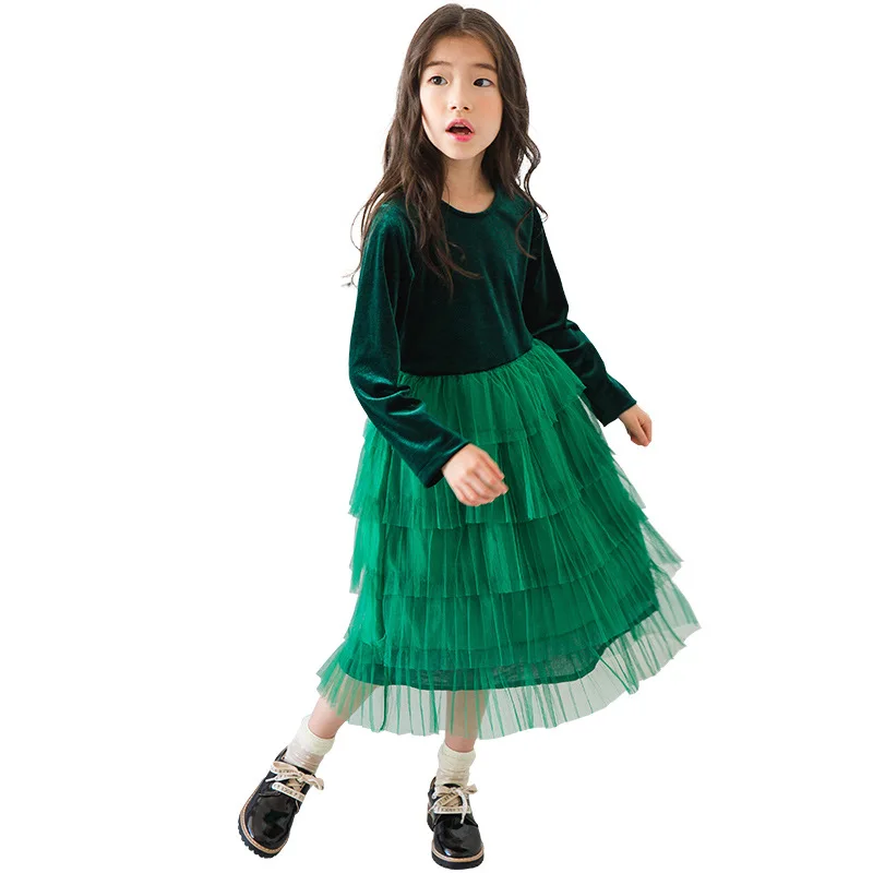 spring green velvet long dress age for 6 - 14 yrs teenage girls cupcake winter party frocks big princess costume | Детская одежда и