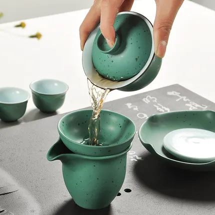 Japanese Kung Fu tea ceramic sets colorful glaze green pots cups bowl home Tea table decoration | Кухня столовая и бар