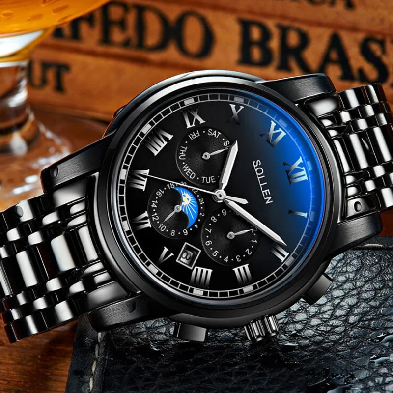 

Роскошный бренд SOLLEN модный мужской стальной ремешок автоматические механические часы мужские Бизнес Военные Наручные часы relogio masculino