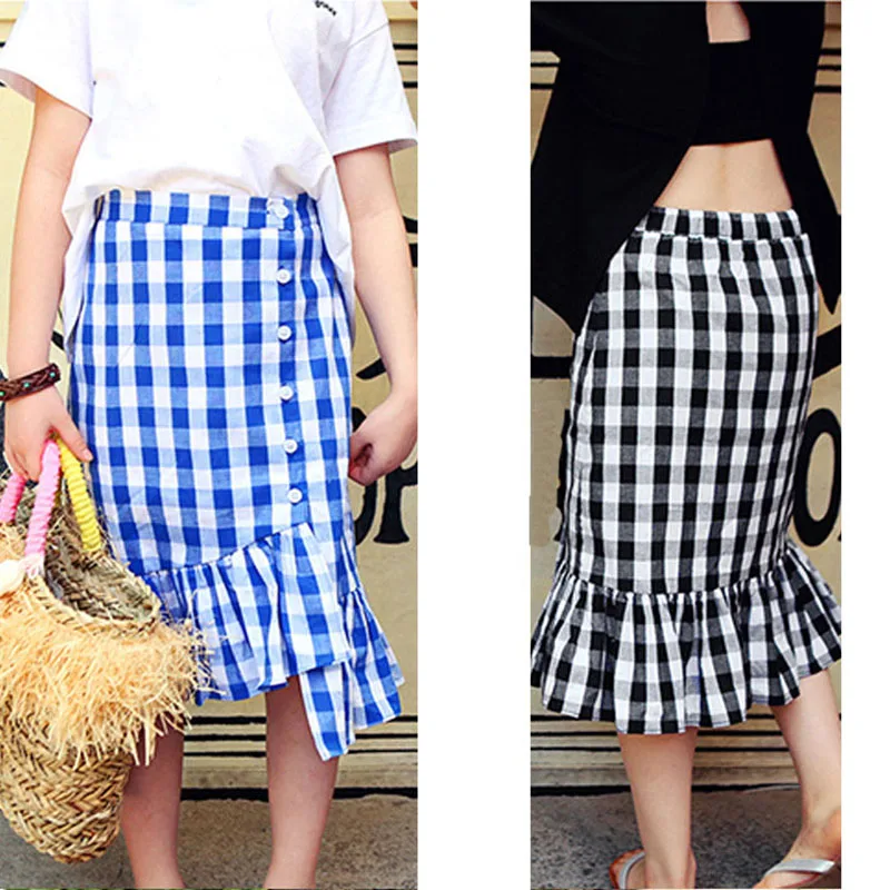 Хлопковые юбки с оборками для маленьких девочек-подростков; длинные Детские Юбки Русалки в бело-синюю клетку для девочек; осенне-весенняя одежда для детей