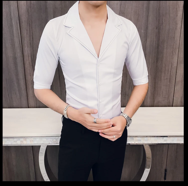 Solid Color Seven-quarter Sleeve Shirt Man Kemeja Pria Camisa Masculina Suit Collar Casual Style Half Sleeve Mens Camisa Hombre
