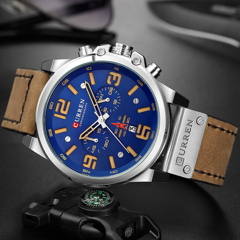Часы наручные Curren Мужские с хронографом брендовые Роскошные водонепроницаемые